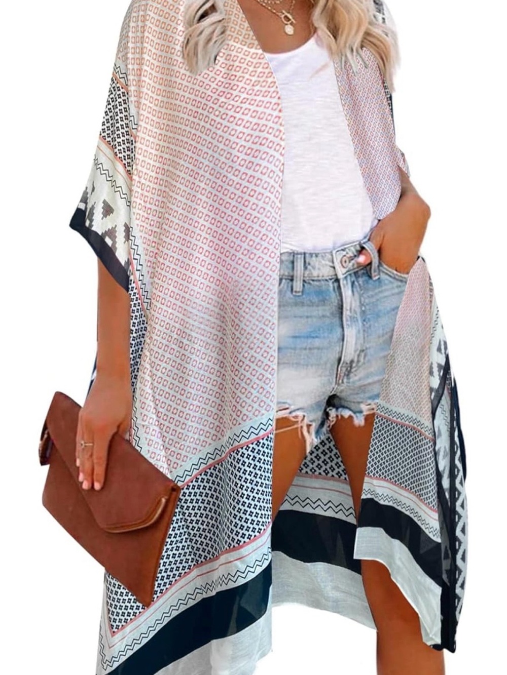 Boho Printed Kimono Cardigan in White and Navy